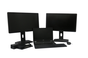Dell E7440 Bundle Laptop Open 3 - ATR Store This photo is of 2 monitors, a laptop, a dock, a keyboard and a mouse