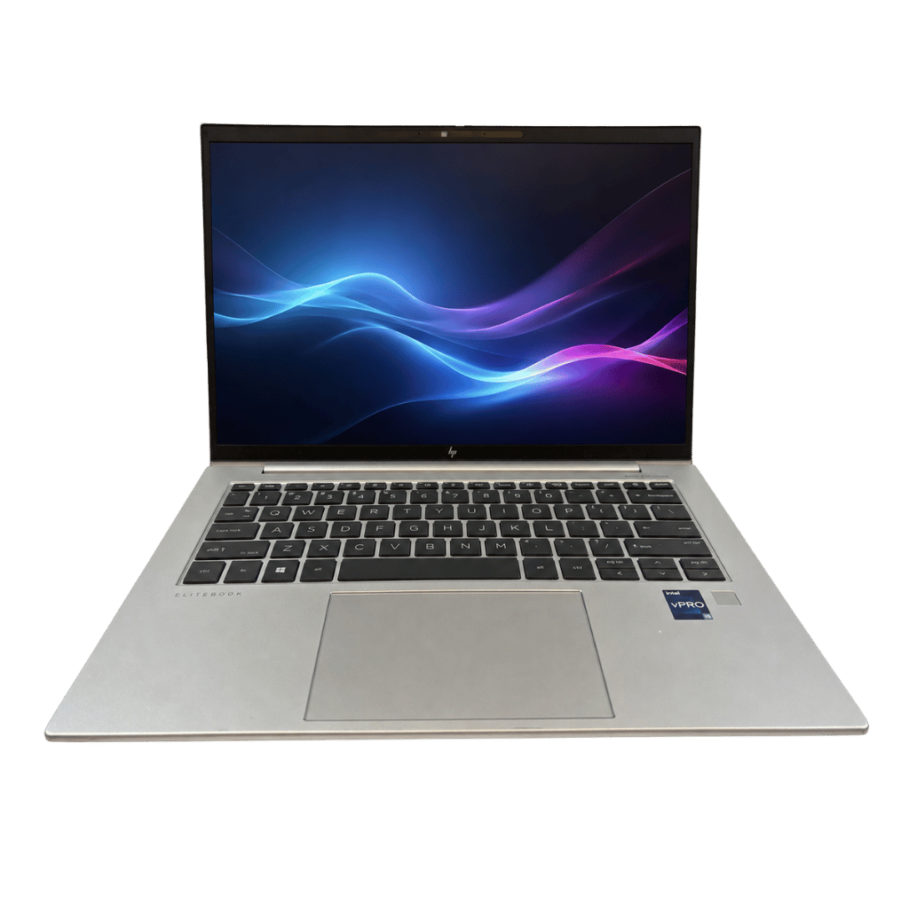 PNS-ELITEBOOK-G101 - ATR Store Open silver HP laptop displaying blue and purple wave wallpaper on screen, keyboard visible and touchpad centeredBelow screen area