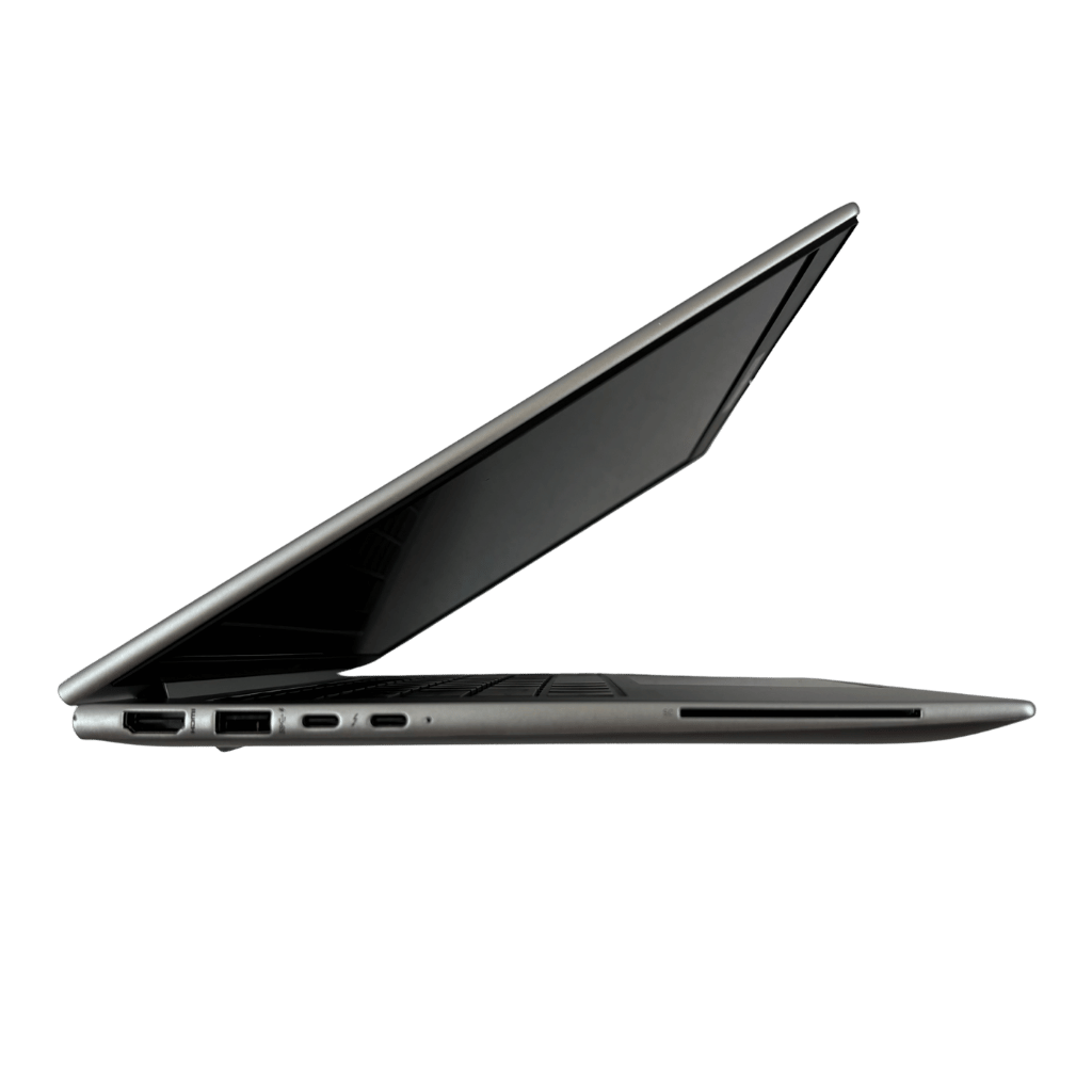 PNS-ELITEBOOK-G102 - ATR Store Side view of a thin gray laptop partially open, showing USB ports, HDMI, and SD card slot on the left edge.