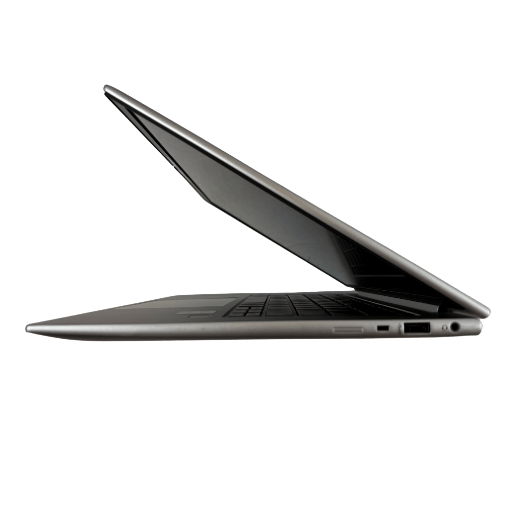 PNS-ELITEBOOK-G103 - ATR Store Side view of a slim silver laptop with the lid partially open, keyboard visible