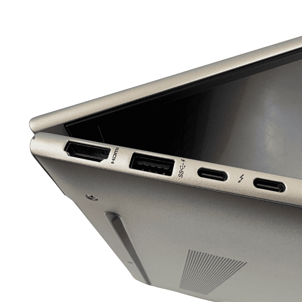 PNS-ELITEBOOK-G105 - ATR Store Close-up of a silver laptop's side panel showing HDMI, USB-A, USB-C, and a charging port.
