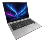 Silver HP EliteBook laptop open, displaying a blue-purple aurora wallpaper on the screen.