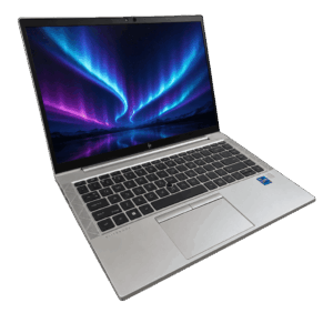 Silver HP EliteBook laptop open, displaying a blue-purple aurora wallpaper on the screen.