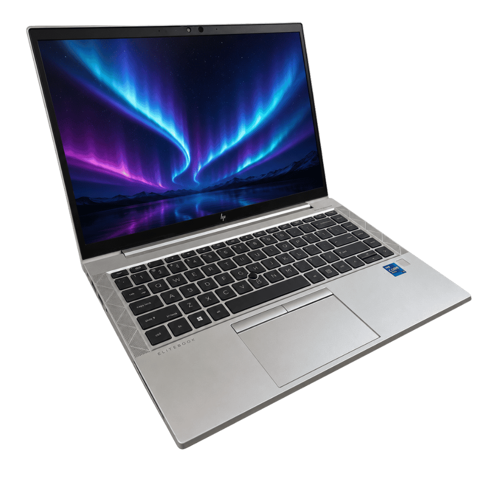PNS-ELITEBOOK840G8-0717261 - ATR Store Silver HP EliteBook laptop open, displaying a blue-purple aurora wallpaper on the screen.