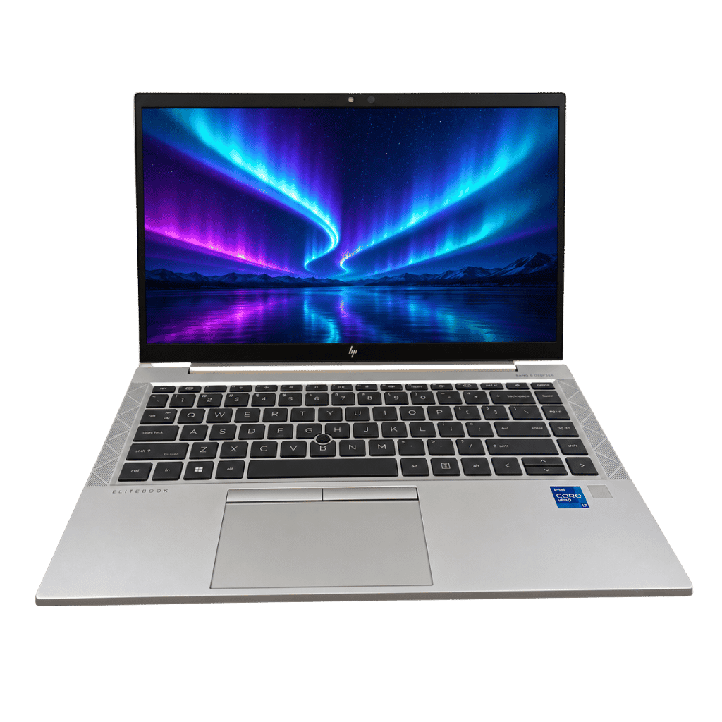 PNS-ELITEBOOK840G8-0717262 - ATR Store Open silver HP EliteBook laptop with a vibrant aurora wallpaper on screen and black keyboard