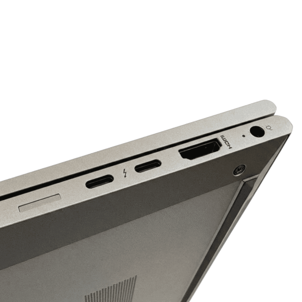 PNS-ELITEBOOK840G8-0717264 - ATR Store Close-up of a laptop's top edge showing HDMI and USB-C ports, plus a power button along the silver chassis.