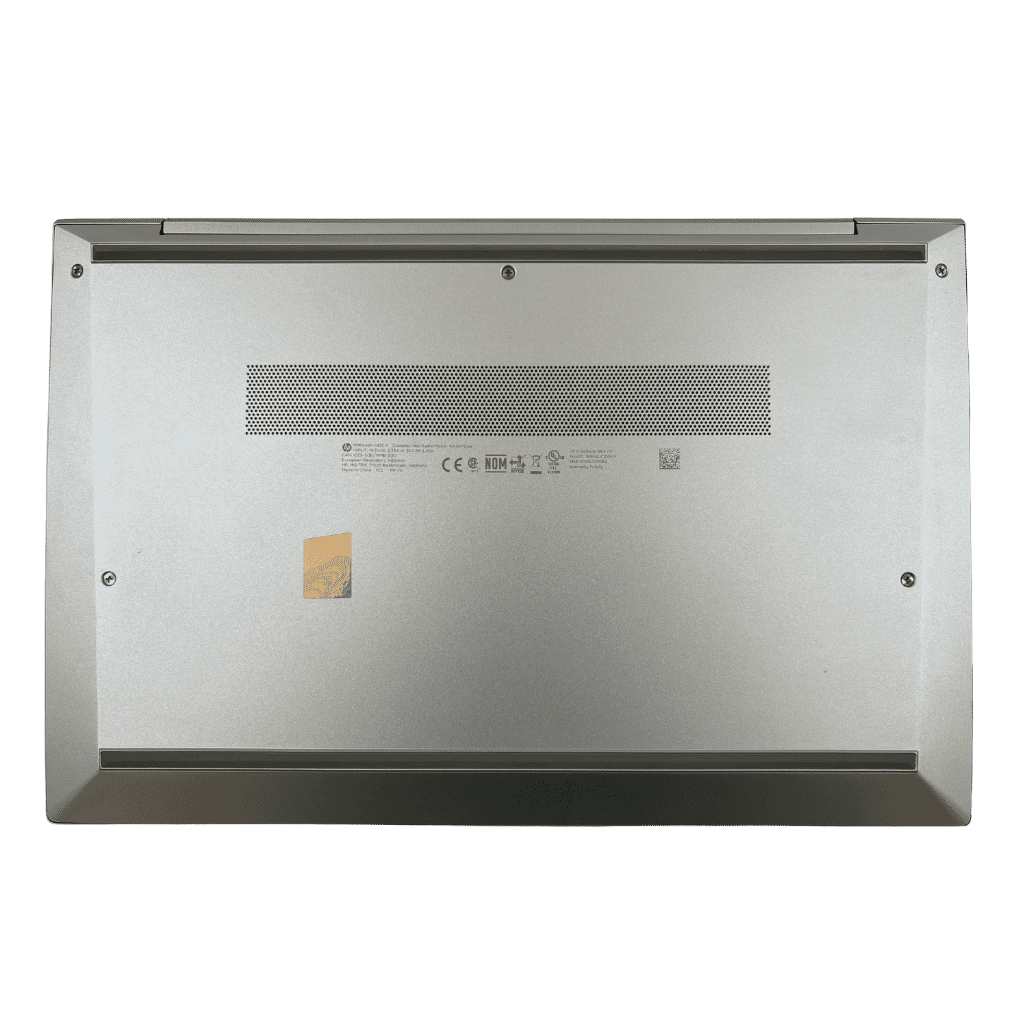 PNS-ELITEBOOK840G8-0717267 - ATR Store Bottom view of a silver laptop, showing ventilation grille, screws, and a small sticker.